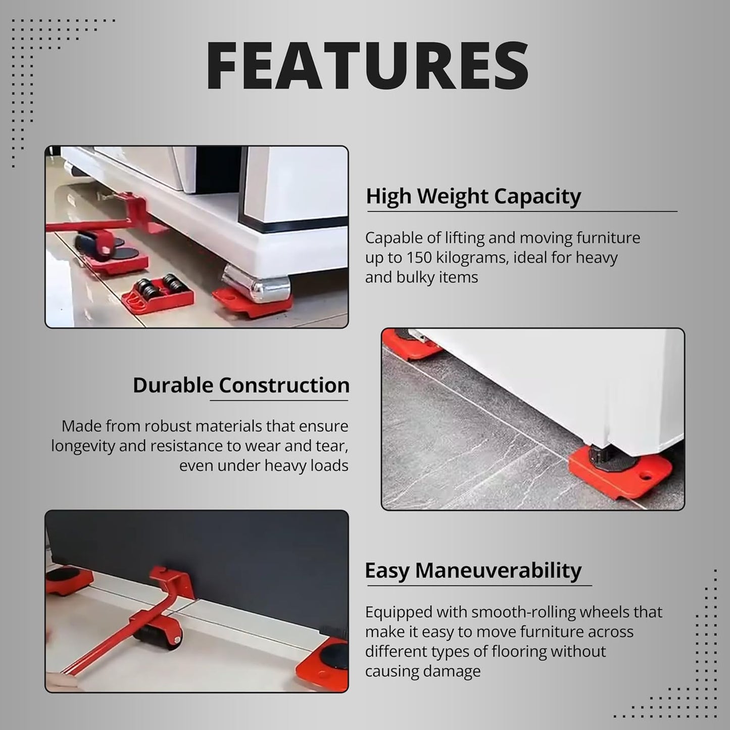 Furniture Lifter Mover Tool Set with 4 Rotational Sliders