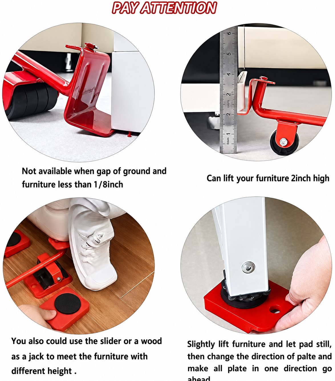 Furniture Lifter Mover Tool Set with 4 Rotational Sliders