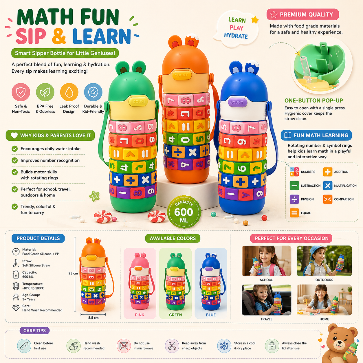 Kids Educational Math Learning Bottle – 500 ml